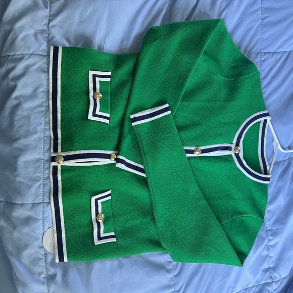 Gold and Green Cardigan Sweater with Geometric Trim - Picture 2 of 2